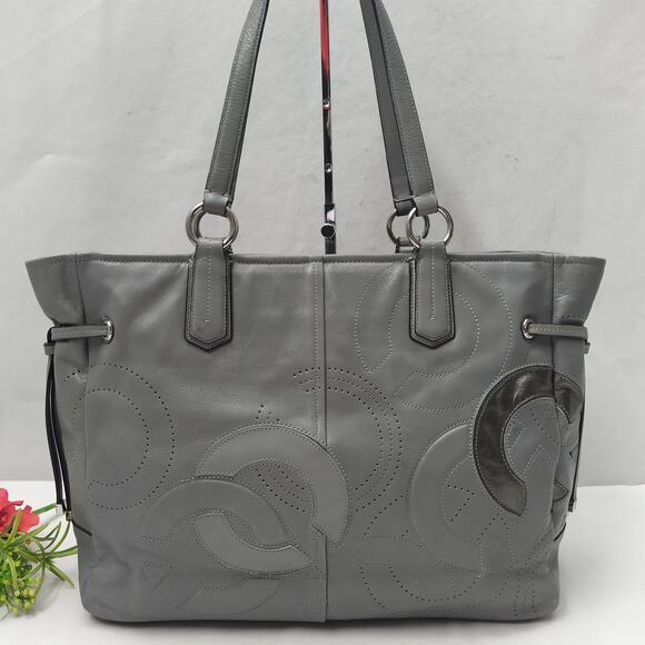 Coach Chelsea Inlaid Gray Leather Charlie Double Handles Zipper Tote Bag - Picture 3 of 16